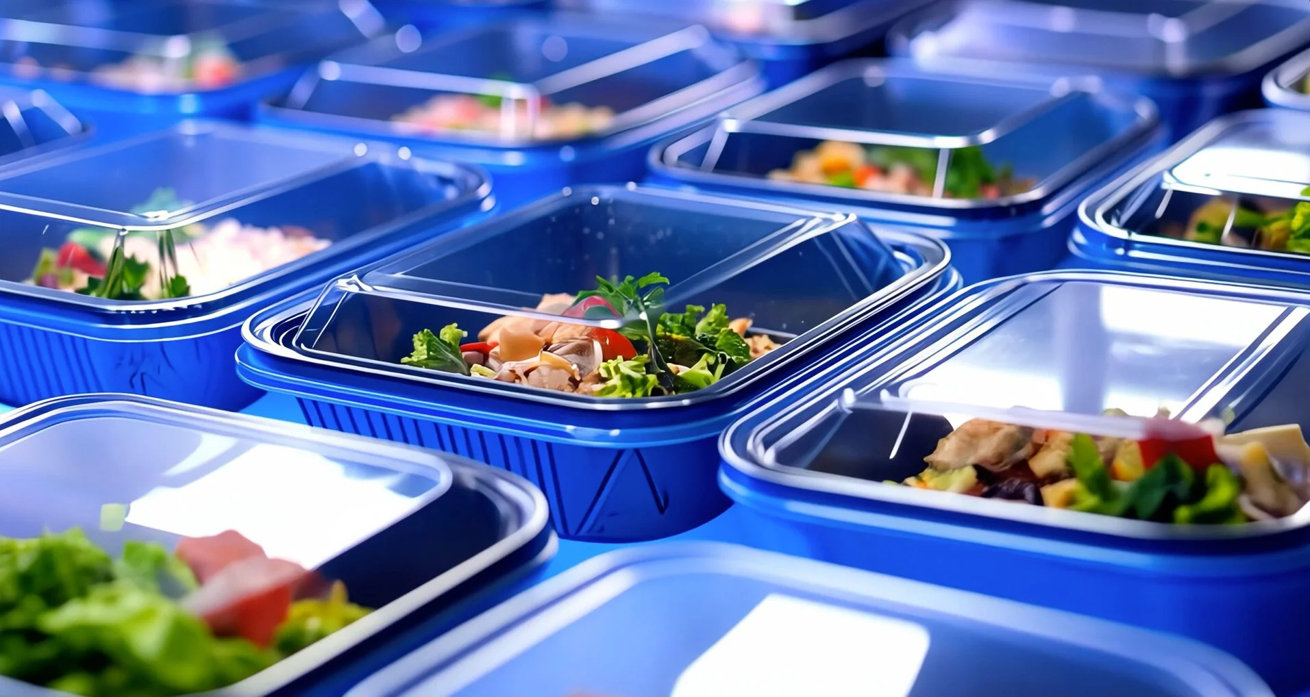 Rows of prepared catering meal trays ready for delivery