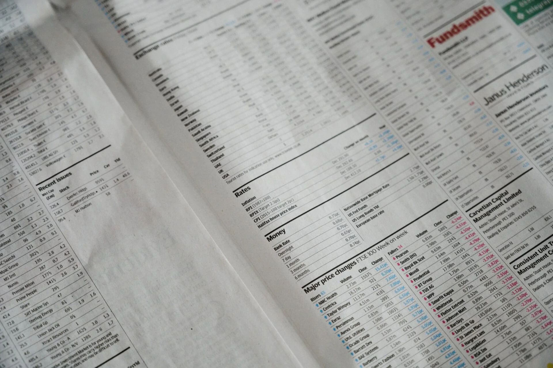 Close-up of printed financial documents and pricing data